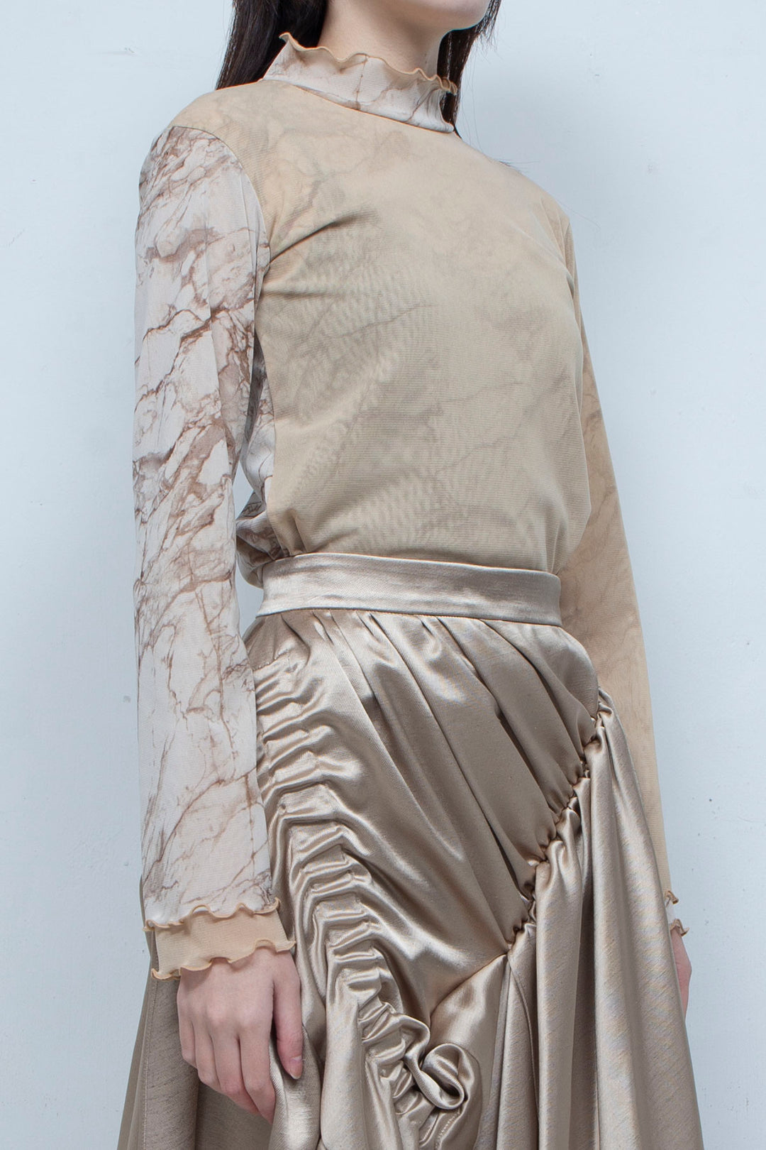 Printed net tulle tops BEIGE