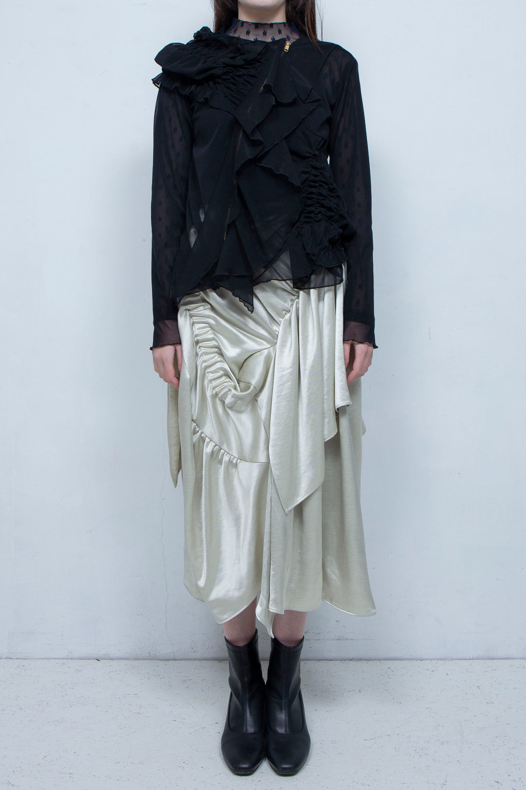 Ruffle net tulle tops BLACK