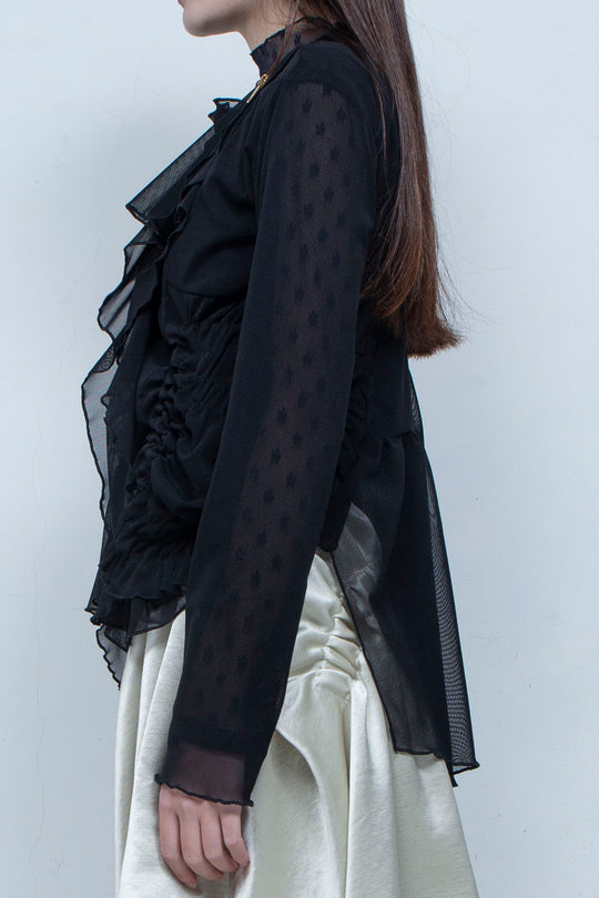 Ruffle net tulle tops BLACK