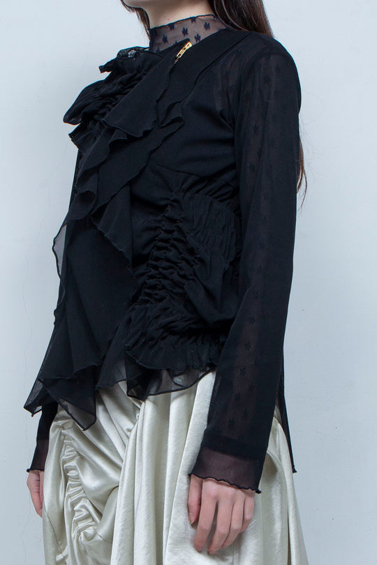 Ruffle net tulle tops BLACK