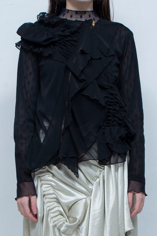 Ruffle net tulle tops BLACK