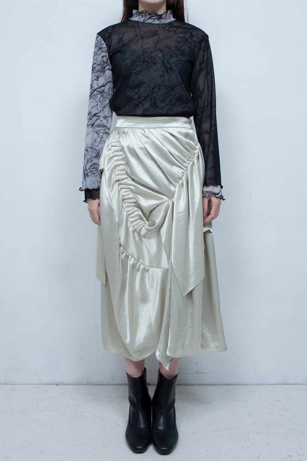 Printed net tulle tops BLACK
