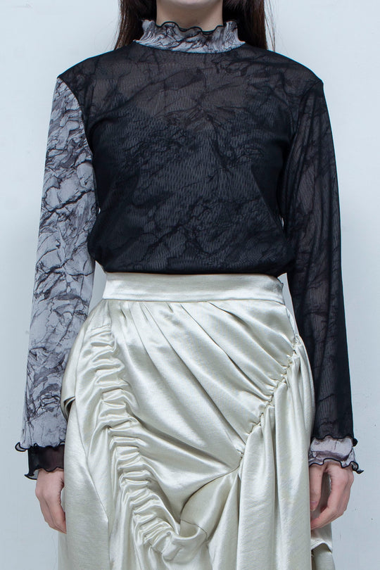 Printed net tulle tops BLACK
