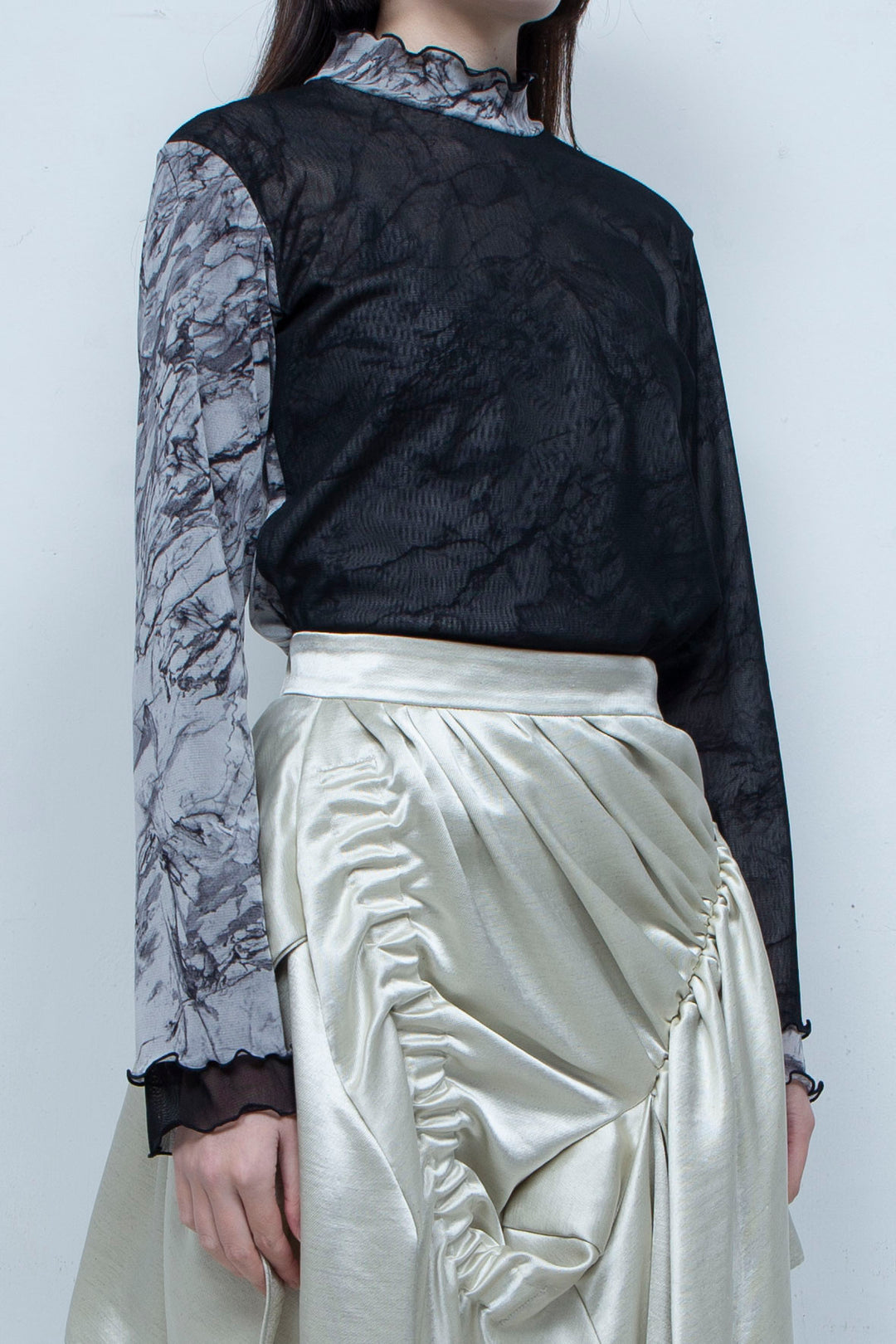 Printed net tulle tops BLACK