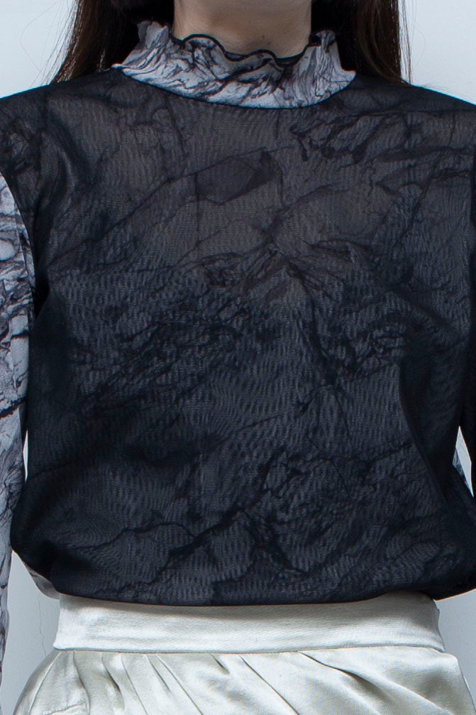 Printed net tulle tops BLACK