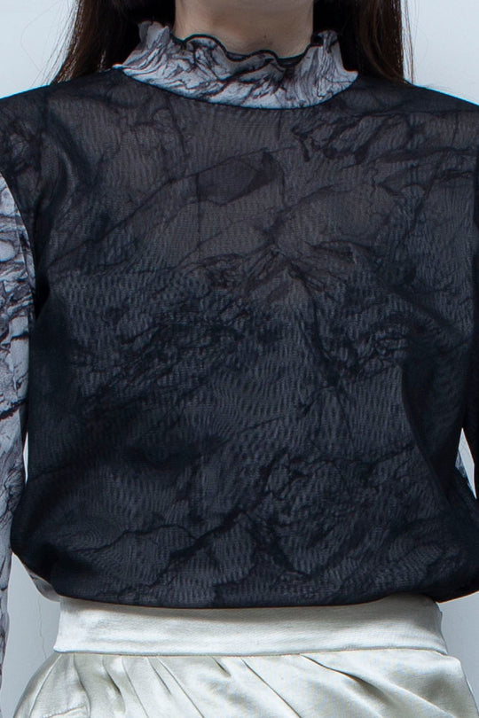 Printed net tulle tops BLACK