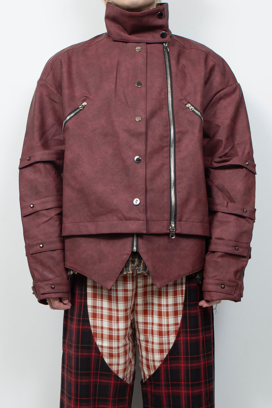 Burgundy oversized leather jacket