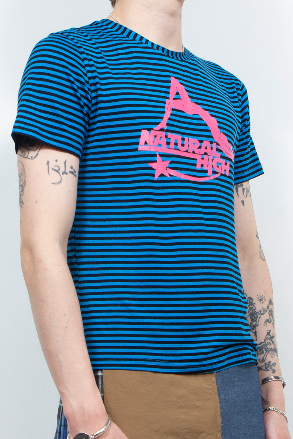 Blue striped punk printed T-shirt