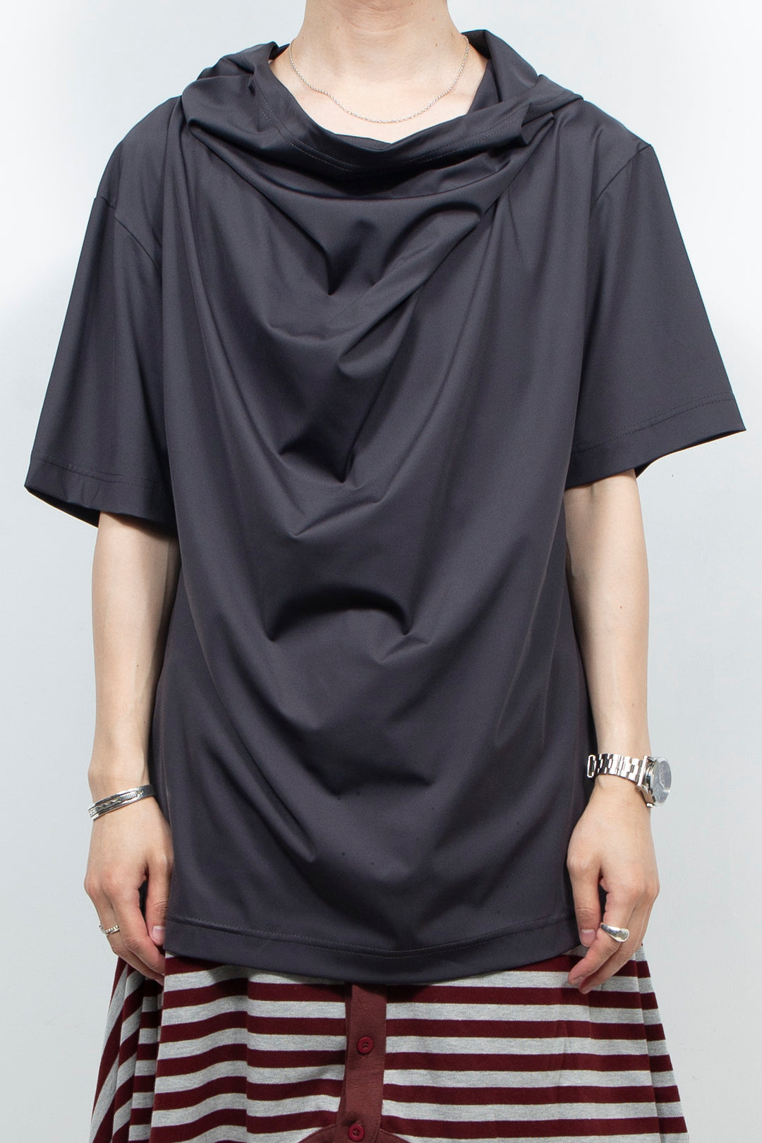 Dark gray hooded short sleeved shirt
