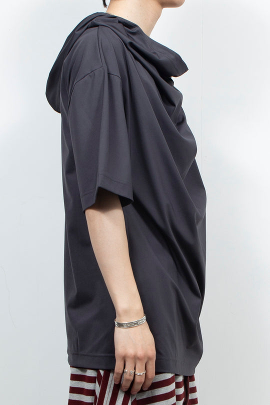 Dark gray hooded short sleeved shirt