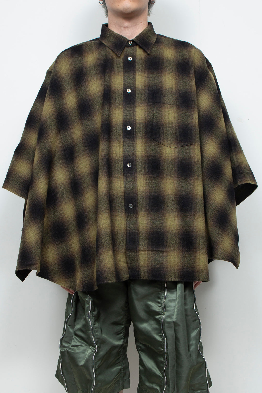 Ombre Check Poncho Khaki