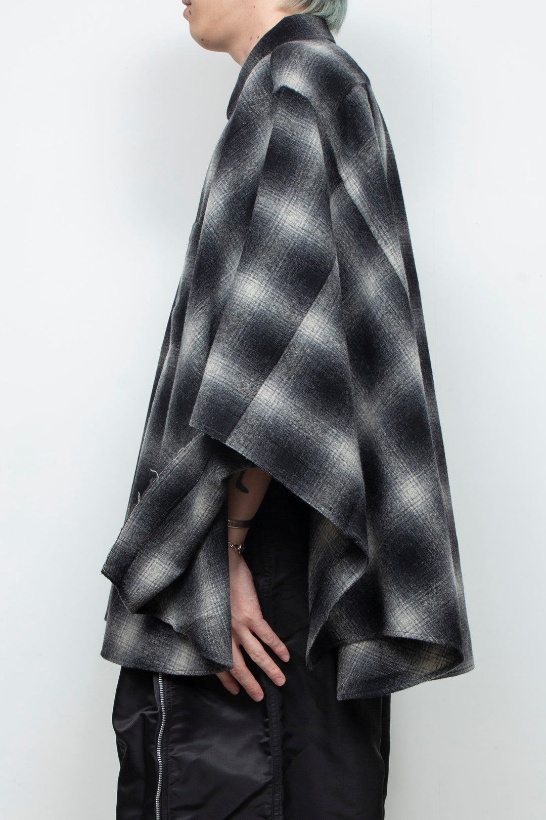 Ombre Check Poncho Black