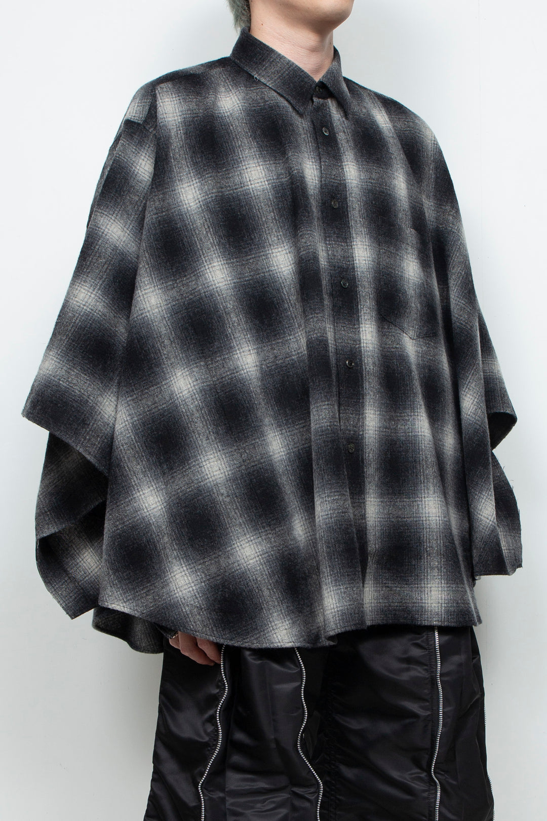 Ombre Check Poncho Black