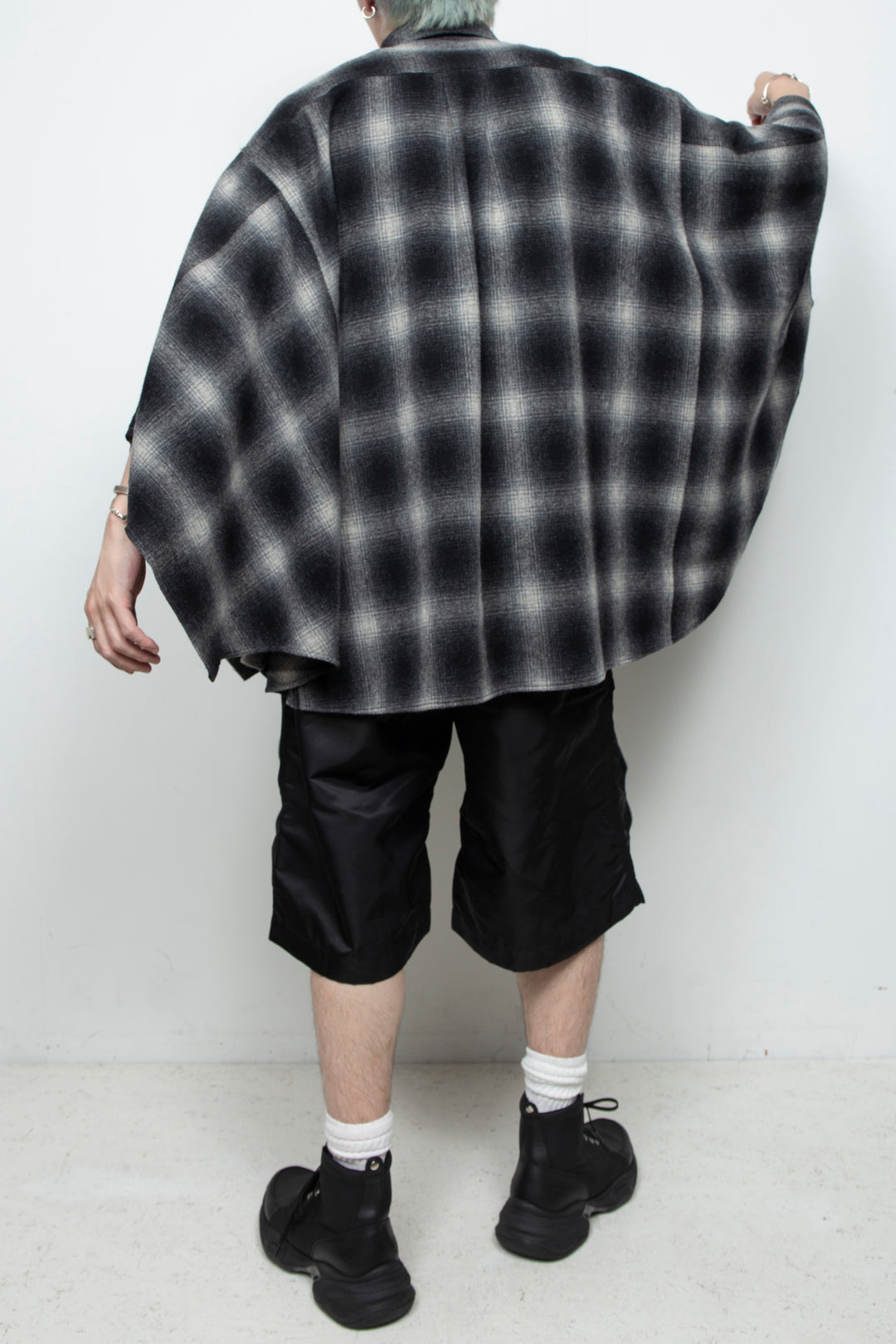 Ombre Check Poncho Black