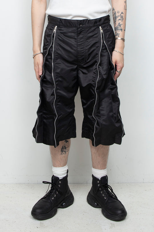 Zipper nylon baggy shorts Black