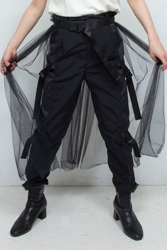 layered belt pants BLACK