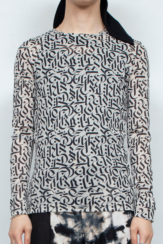 Calligraphy Sheer Slim Fit Tops BEIGE