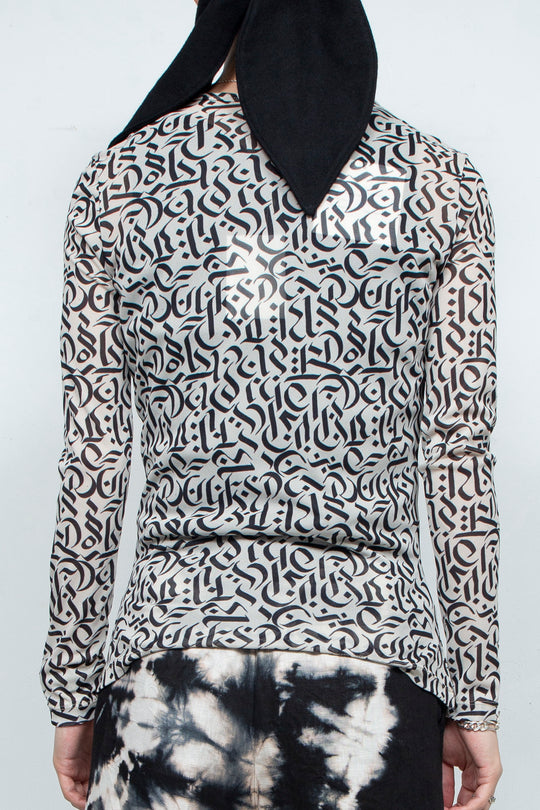 Calligraphy Sheer Slim Fit Tops BEIGE