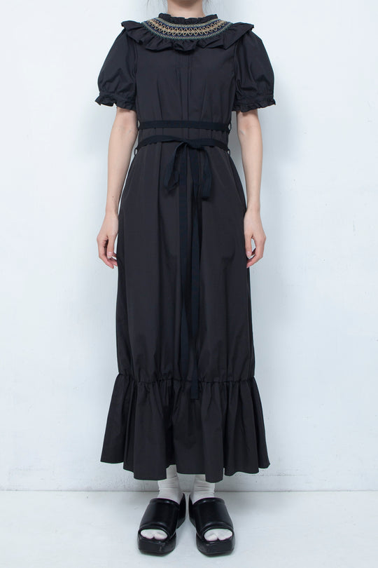 SMOCKING WAIST RIBBON MAXI DRESS BLACK