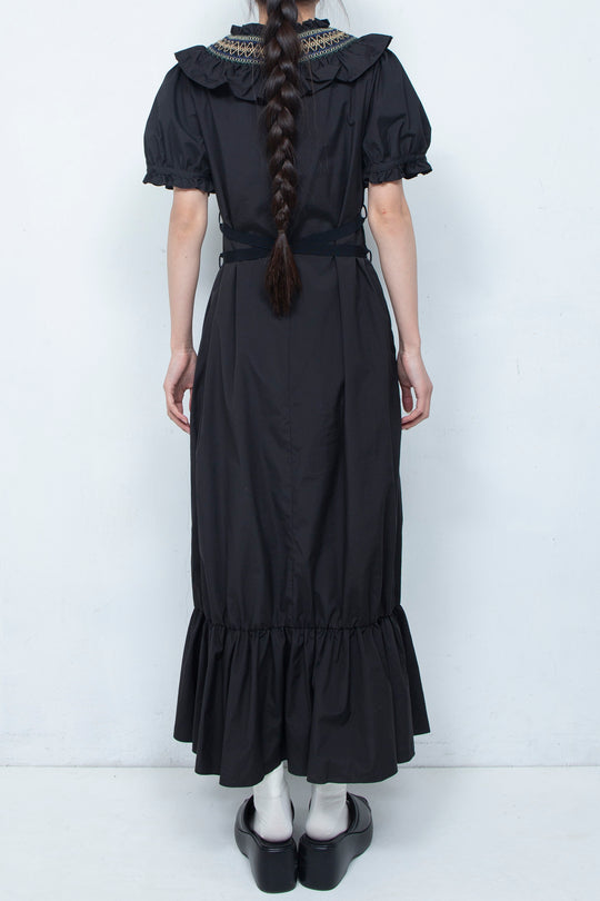 SMOCKING WAIST RIBBON MAXI DRESS BLACK