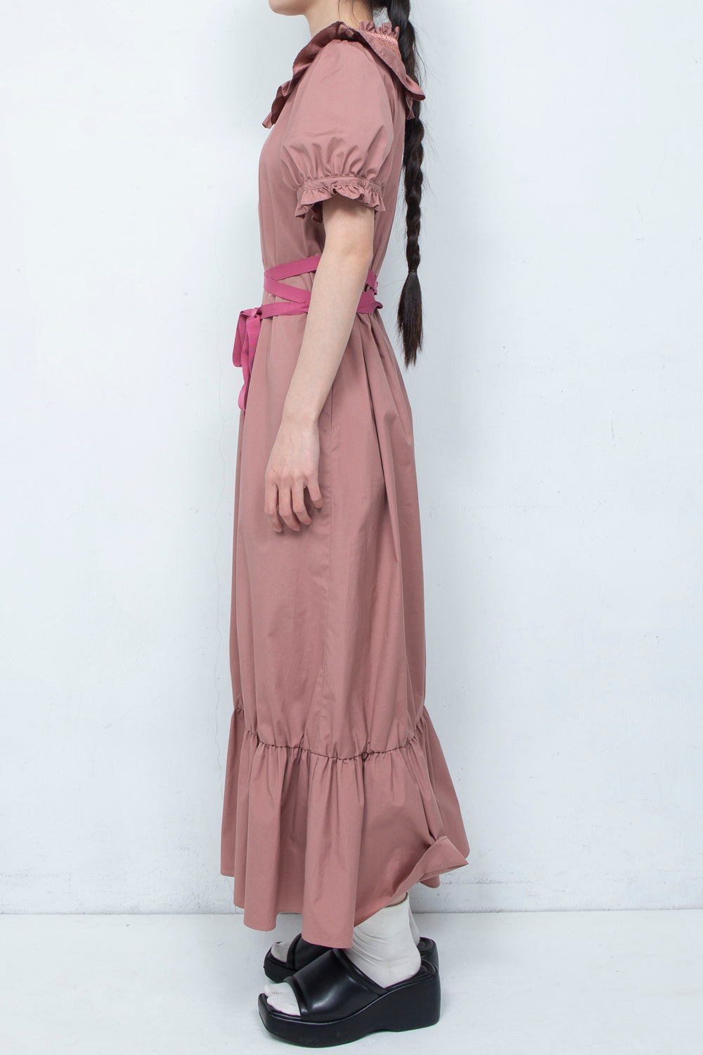 SMOCKING WAIST RIBBON MAXI DRESS PINK