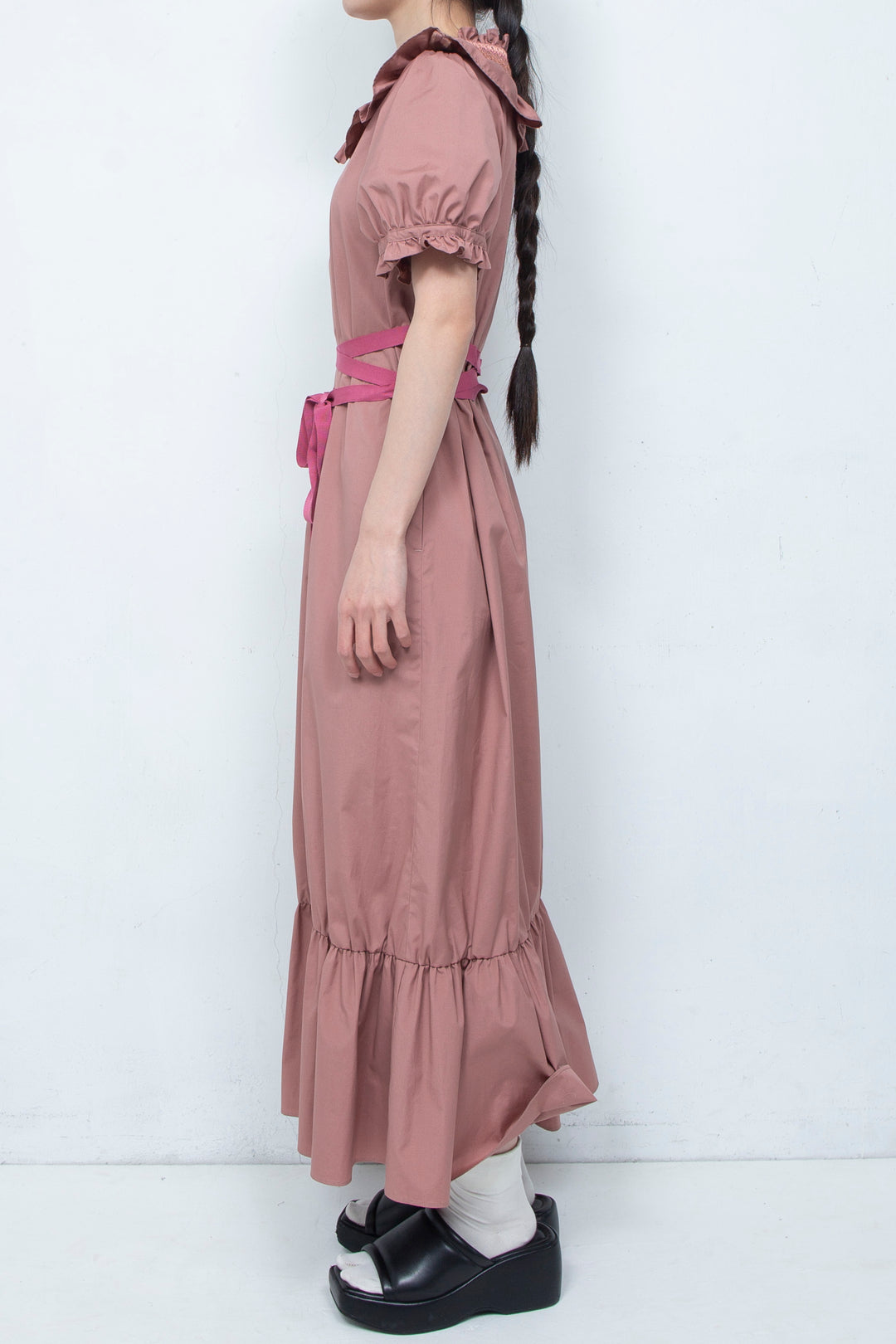 SMOCKING WAIST RIBBON MAXI DRESS PINK