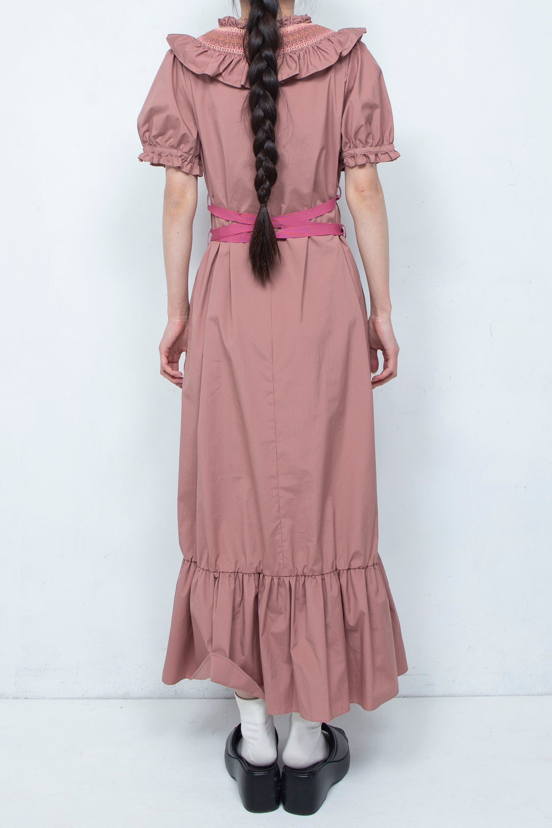 SMOCKING WAIST RIBBON MAXI DRESS PINK