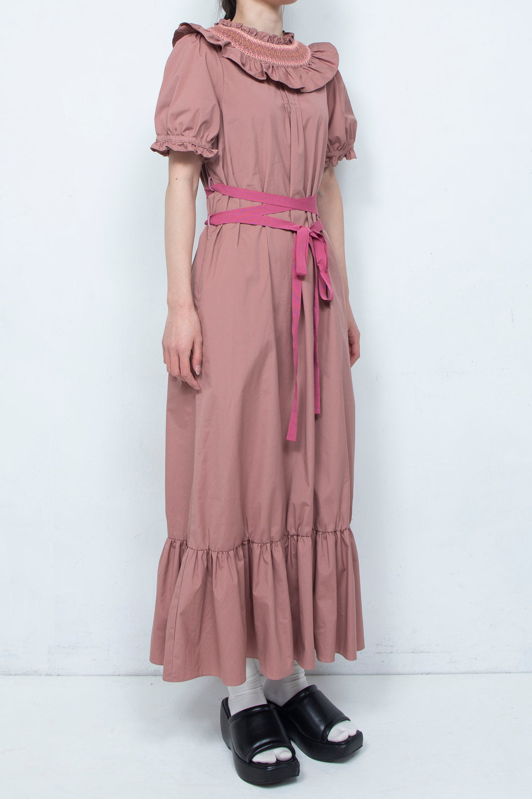 SMOCKING WAIST RIBBON MAXI DRESS PINK