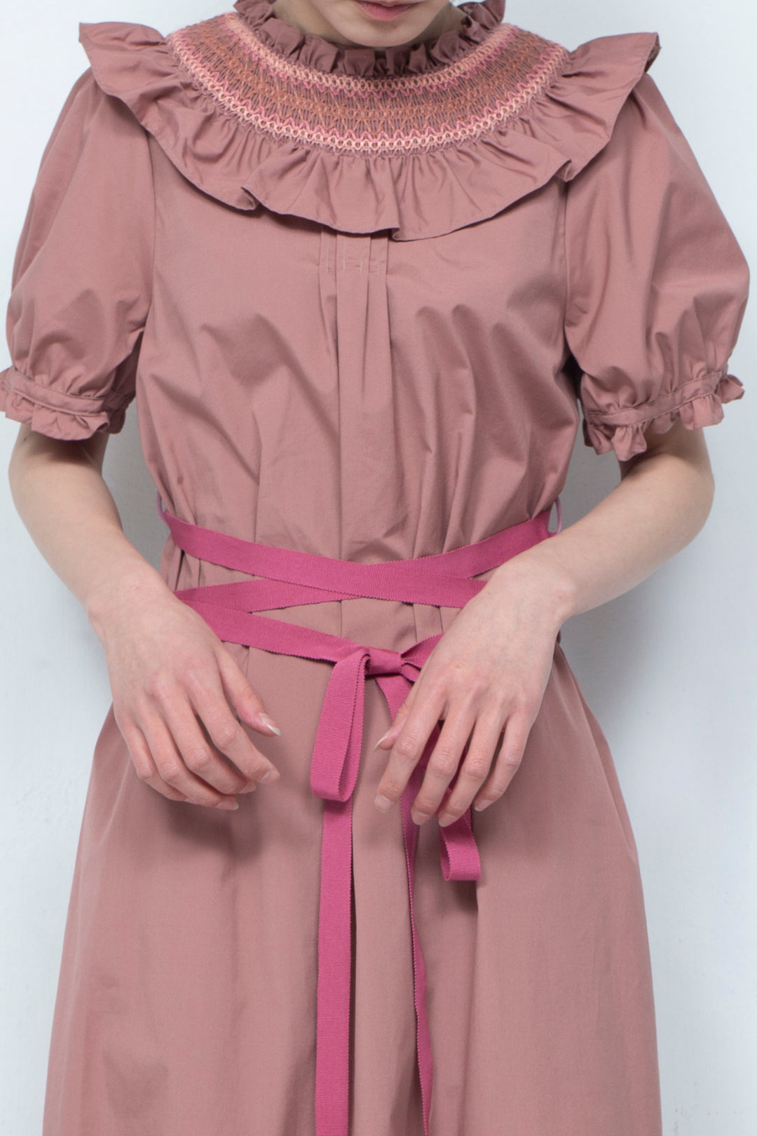 SMOCKING WAIST RIBBON MAXI DRESS PINK