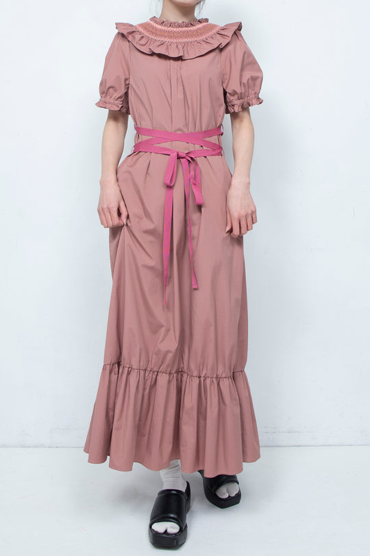 SMOCKING WAIST RIBBON MAXI DRESS PINK