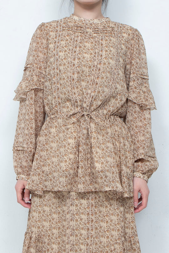 3D PRINTED BUTTON 2-WAY CRINKLE TUCK RUFFLE BLOUSE (FLORAL)
