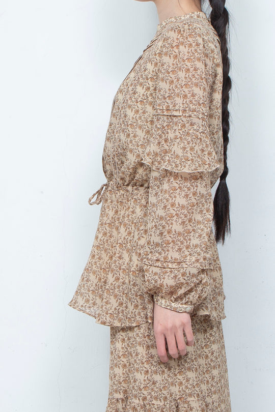 3D PRINTED BUTTON 2-WAY CRINKLE TUCK RUFFLE BLOUSE (FLORAL)