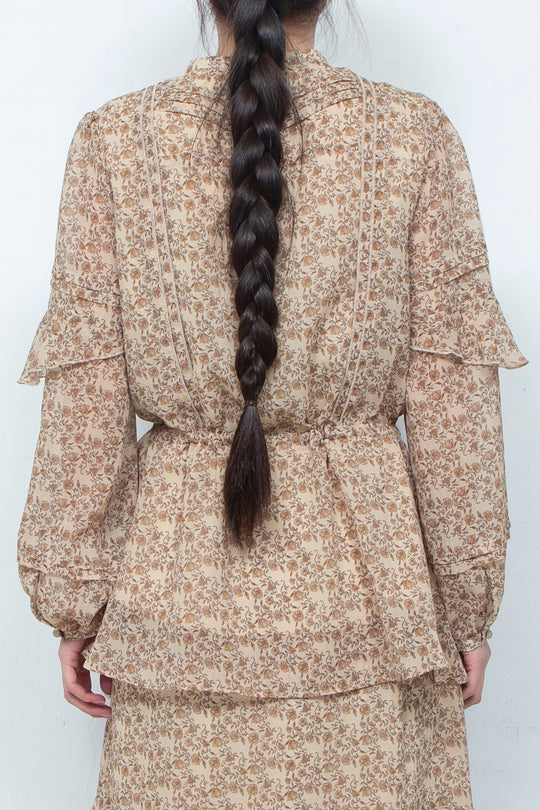 3D PRINTED BUTTON 2-WAY CRINKLE TUCK RUFFLE BLOUSE (FLORAL)