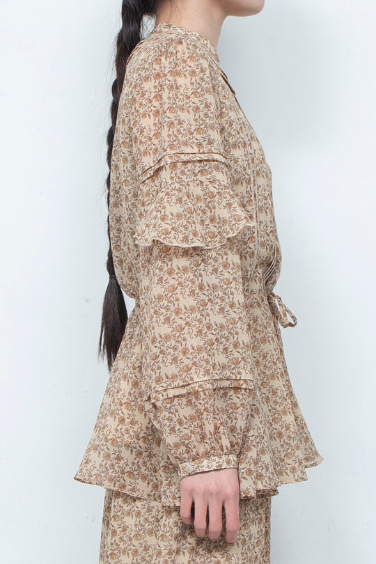 3D PRINTED BUTTON 2-WAY CRINKLE TUCK RUFFLE BLOUSE (FLORAL)