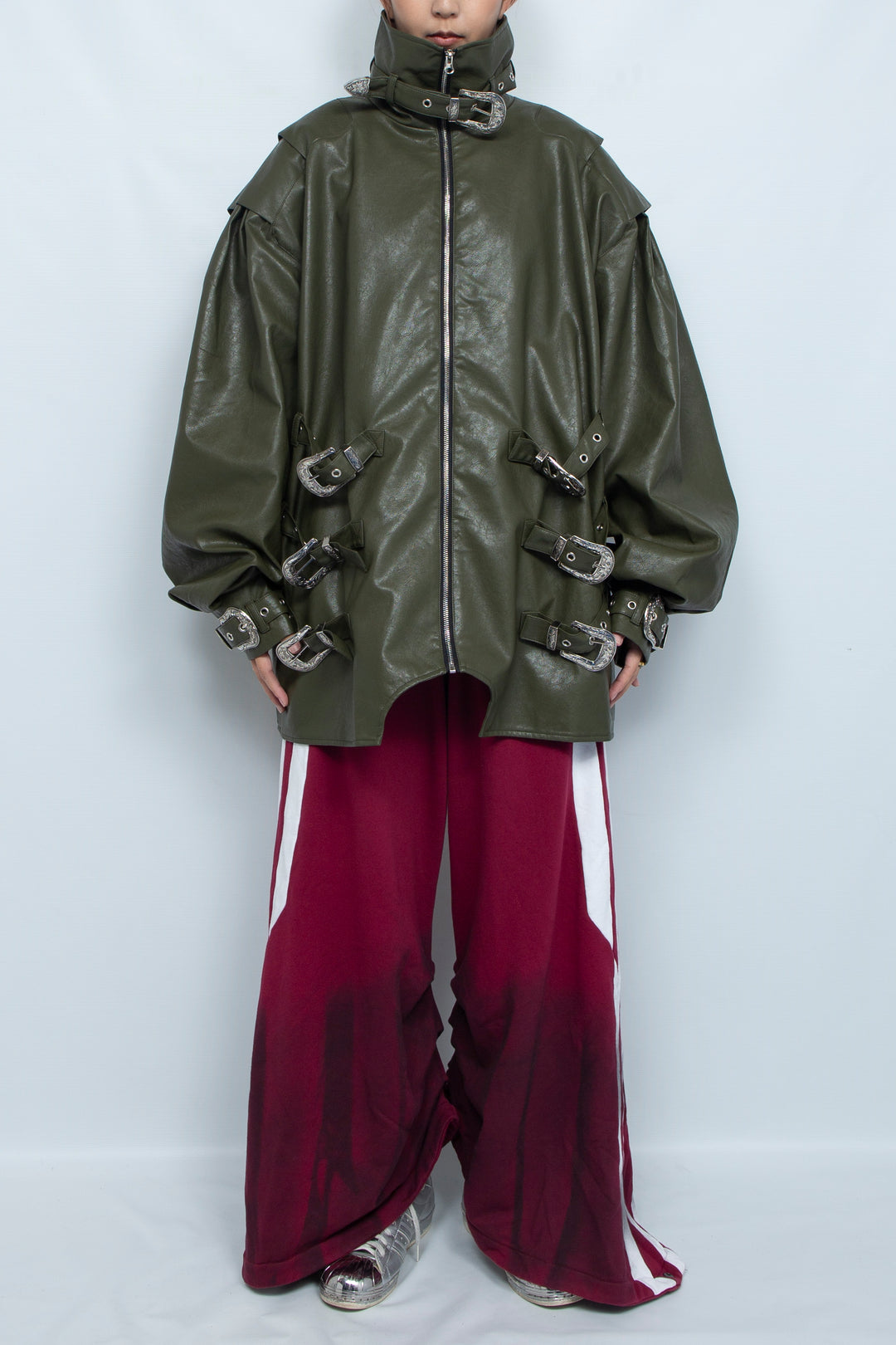 Dark green iron buckle silhouette retro leather jacket