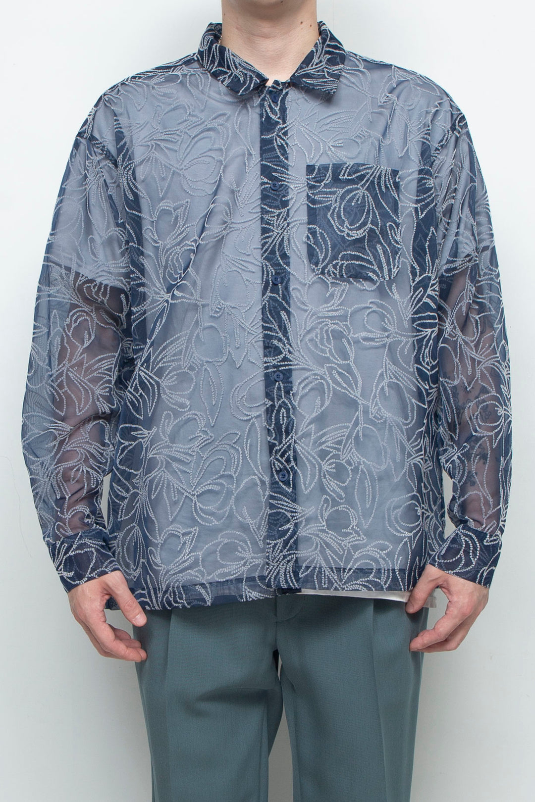 "MERCED" Sheer Through Long Sleeve Shirts NAVY