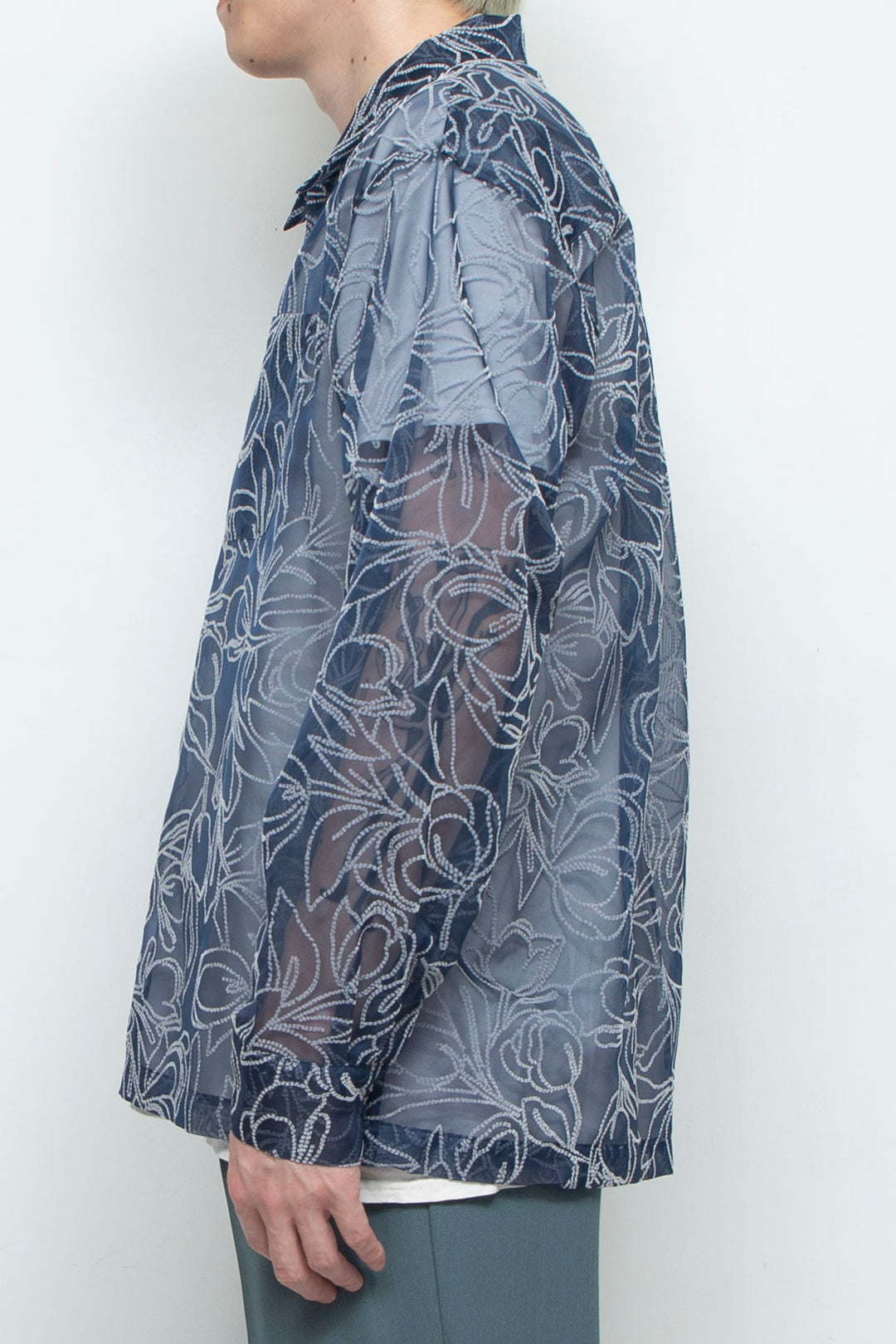 "MERCED" Sheer Through Long Sleeve Shirts NAVY