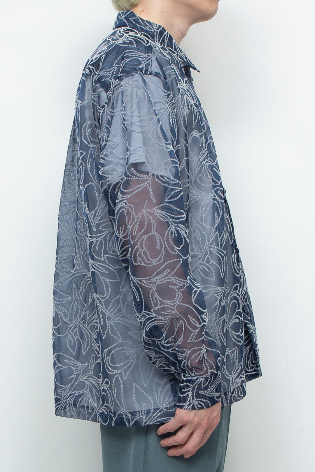 "MERCED" Sheer Through Long Sleeve Shirts NAVY