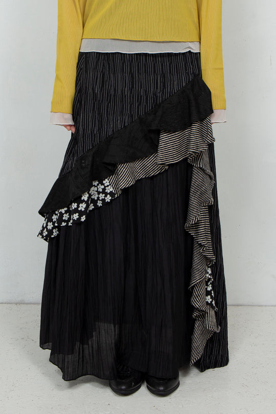 Thin Striped Patchwork Skirt BLACK
