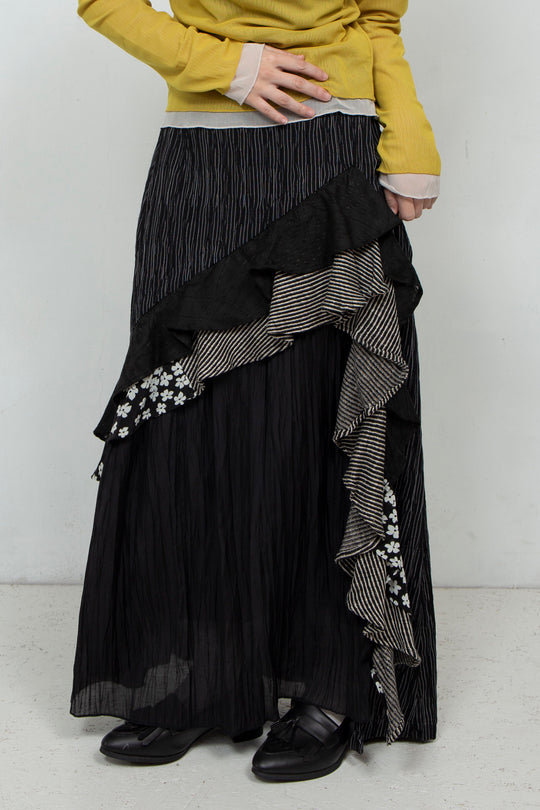 Thin Striped Patchwork Skirt BLACK