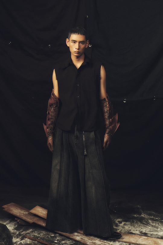 Pleated zipper wide leg ronin pants