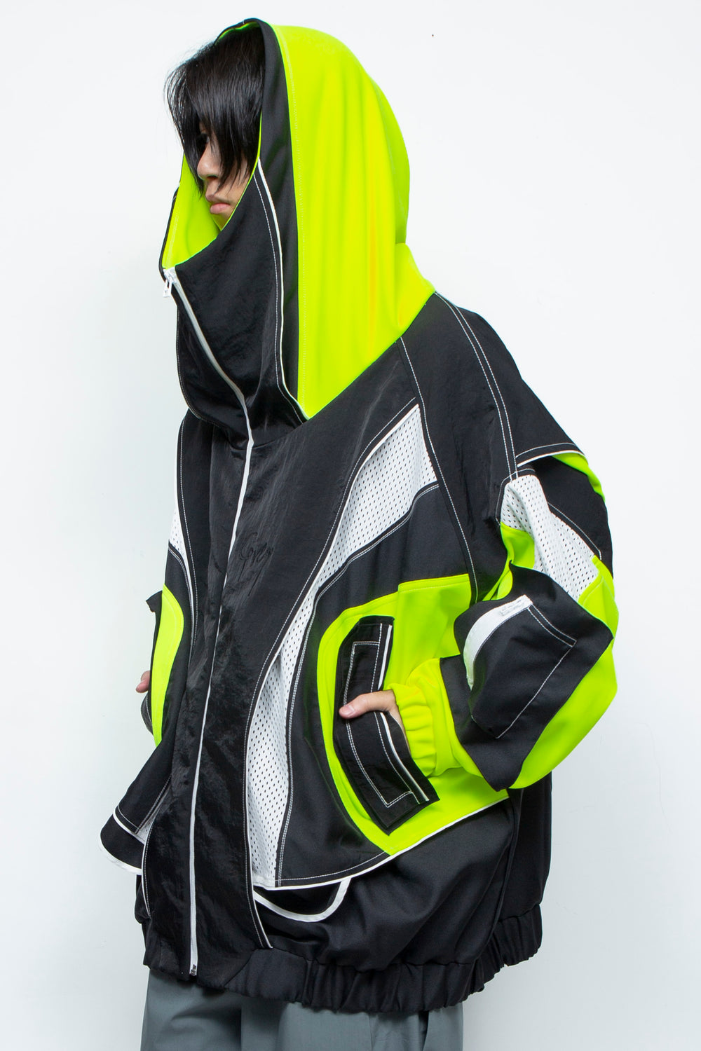 ジャージ重ねハイネックビッグパーカー(AIR-B) BLACK