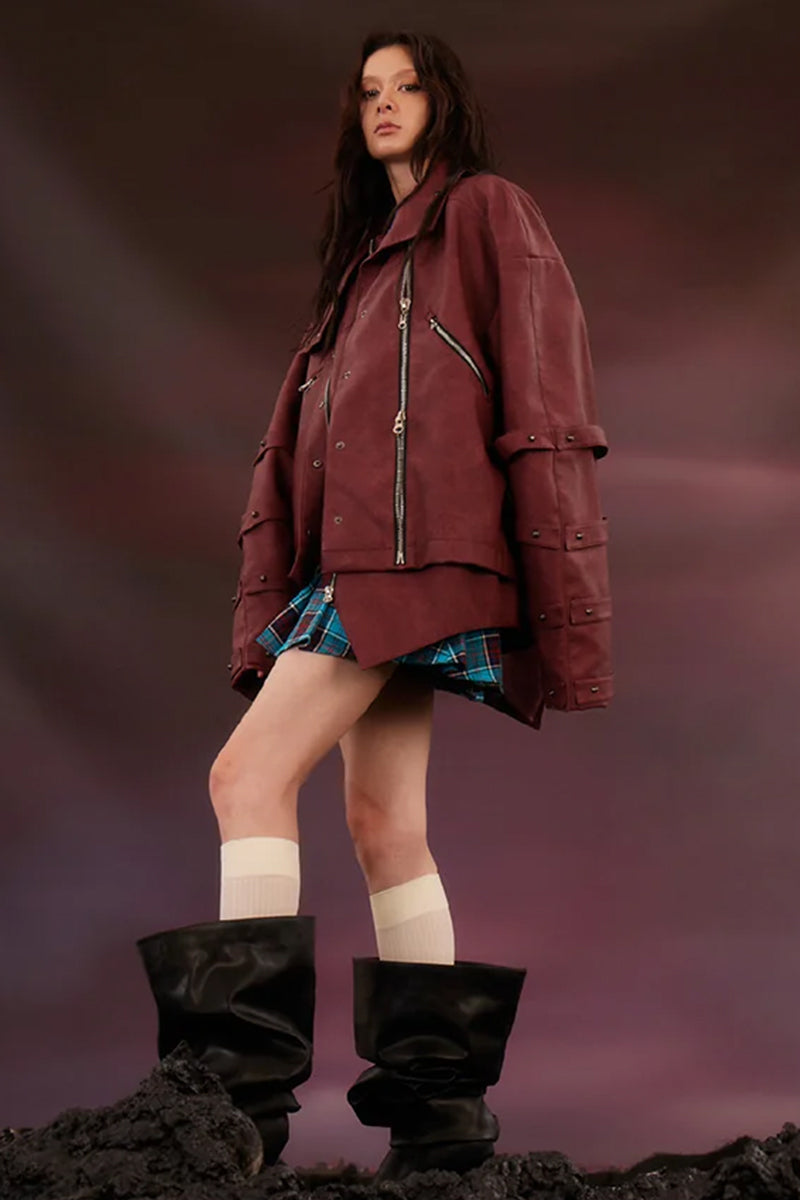 Burgundy oversized leather jacket