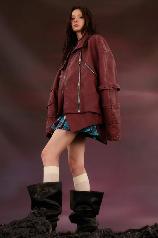 Burgundy oversized leather jacket