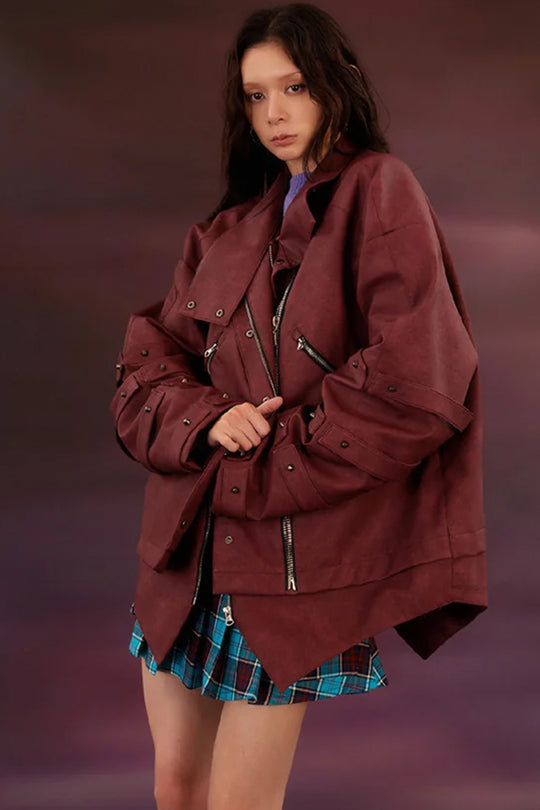 Burgundy oversized leather jacket