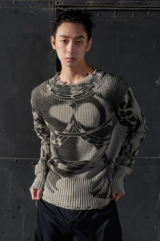 Vintage printed ripped  sweater