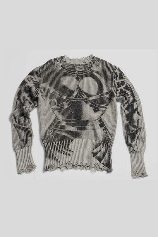 Vintage printed ripped  sweater