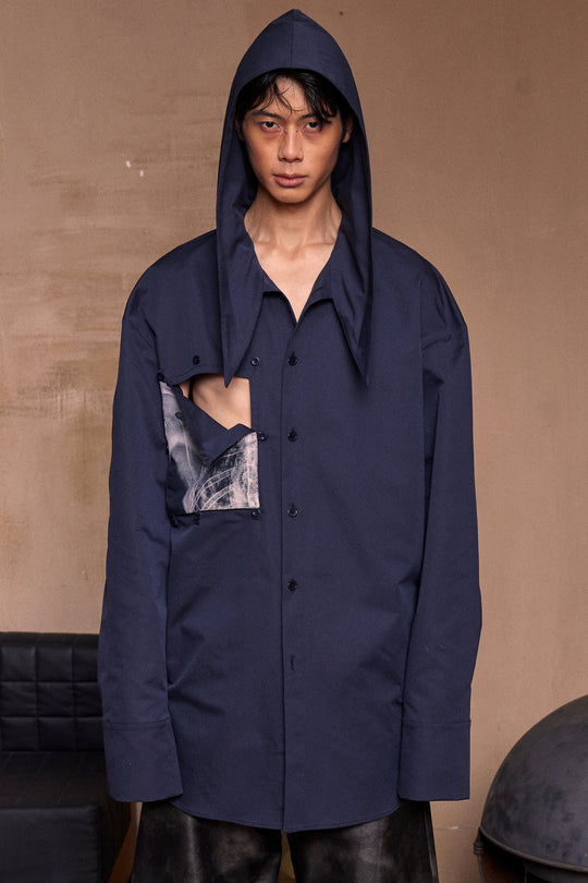 Blue silhouette hooded scarf shirt