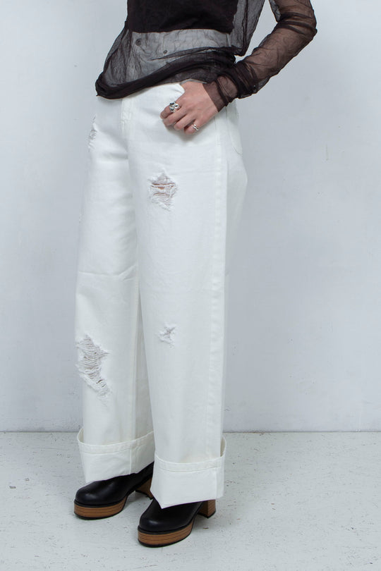 Crushed Denim Pants White