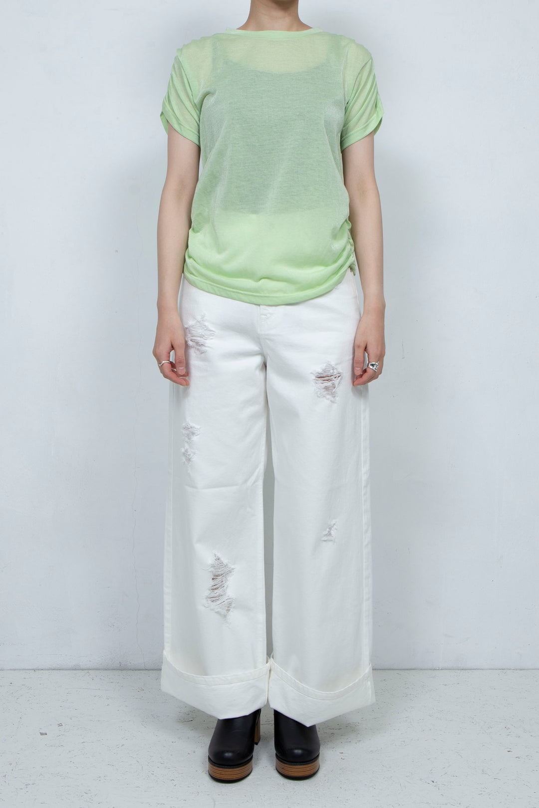See-through Gathered T-shirt Lime Green